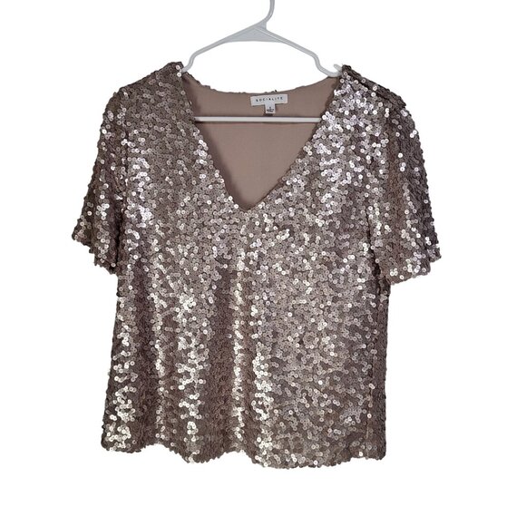 Socialite Tops - SOCIALITE Women's Small Sequin V Neck Top Blouse Champagne Gold
